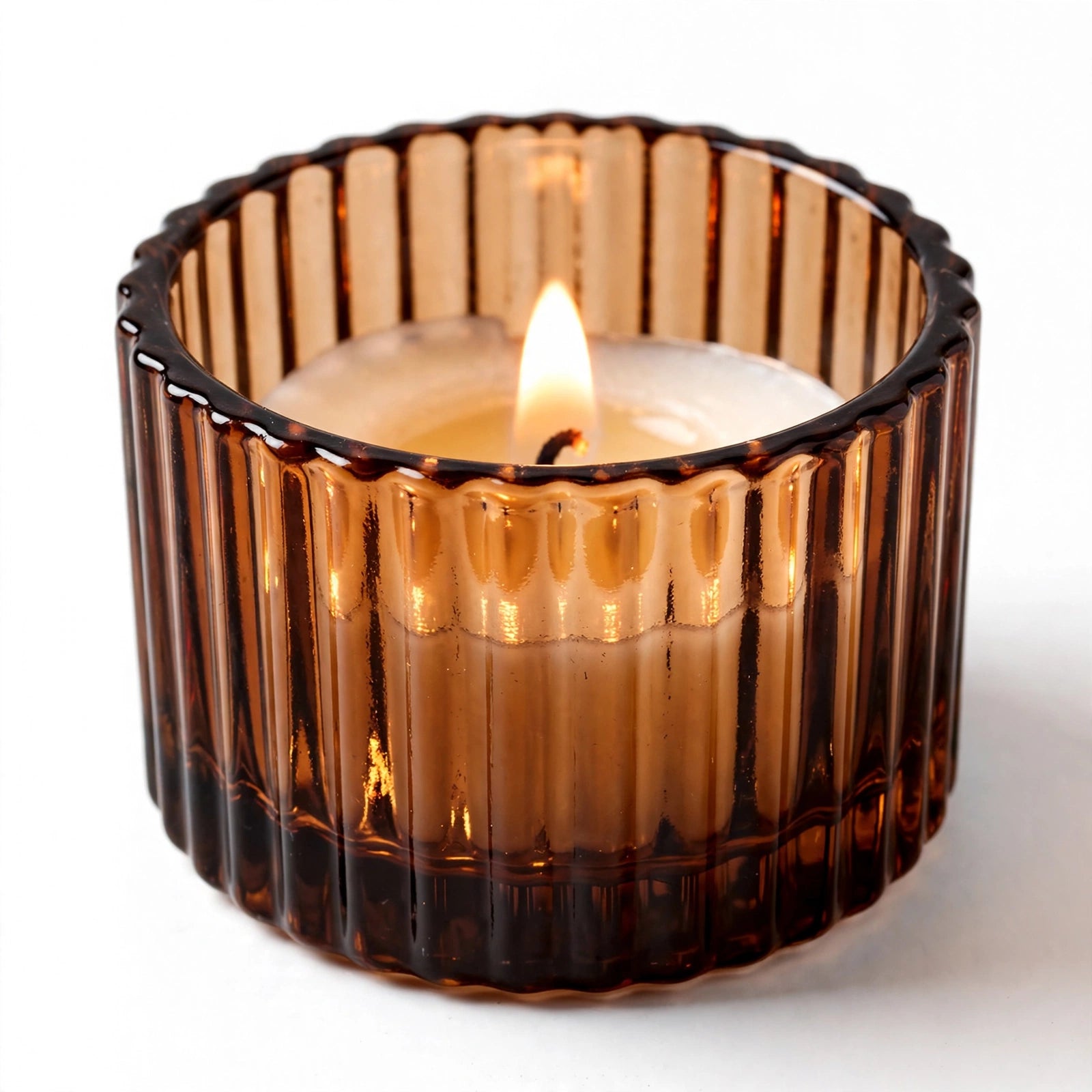 Amber Glow - 2 Inch Ribbed Glass Tealight Holder with Wax - Set of 6